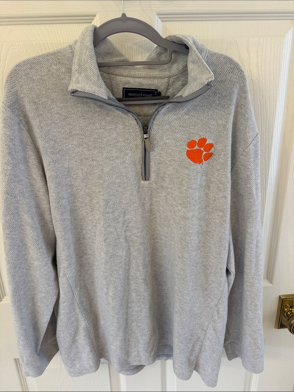 Vineyard Vines Men’s Light Gray Quarter-Zip with Orange Paw Emblem